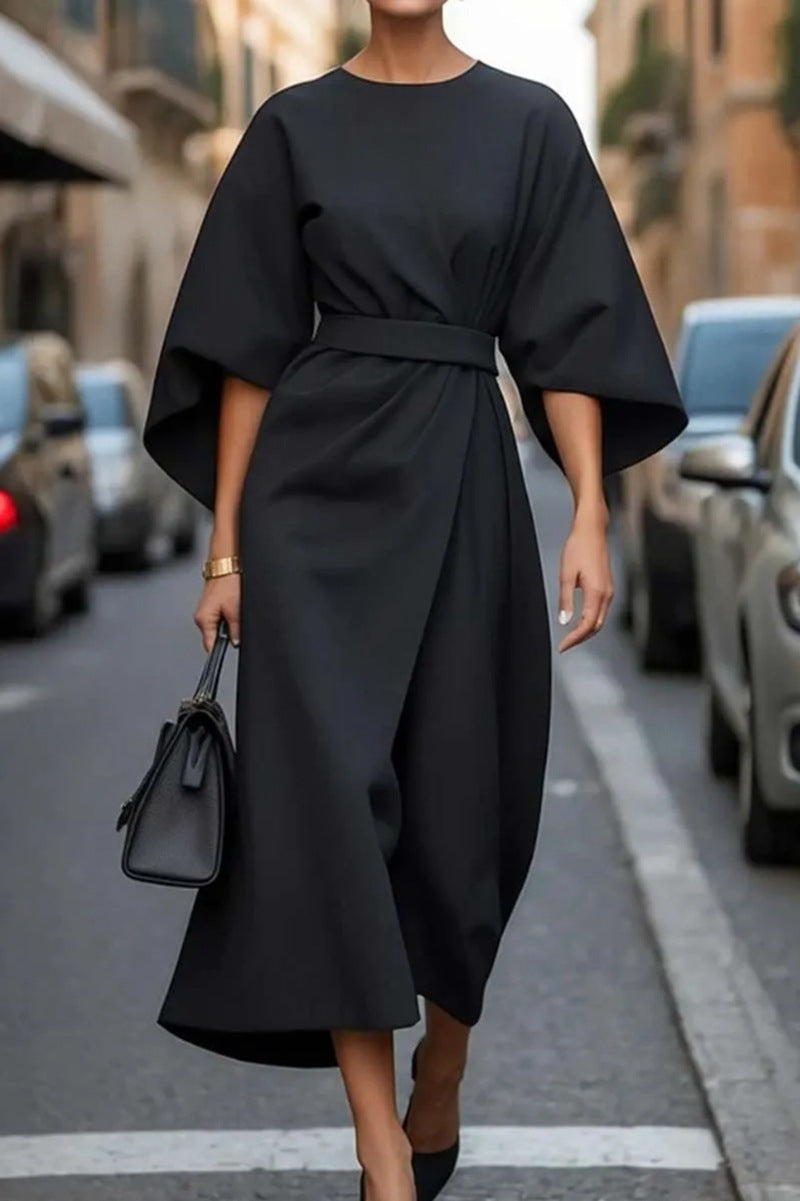 Solid-color cinched waist bat-sleeve long dress