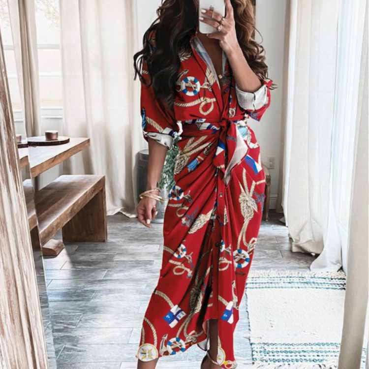 Women's Elegant Pleated V-Neck Long Sleeve Winter Dress