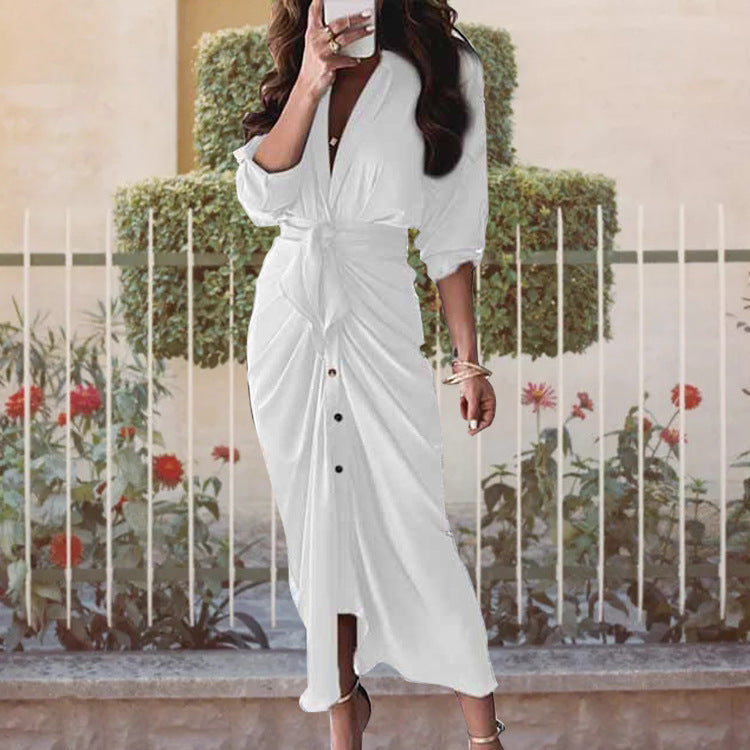 Women's Elegant Pleated V-Neck Long Sleeve Winter Dress