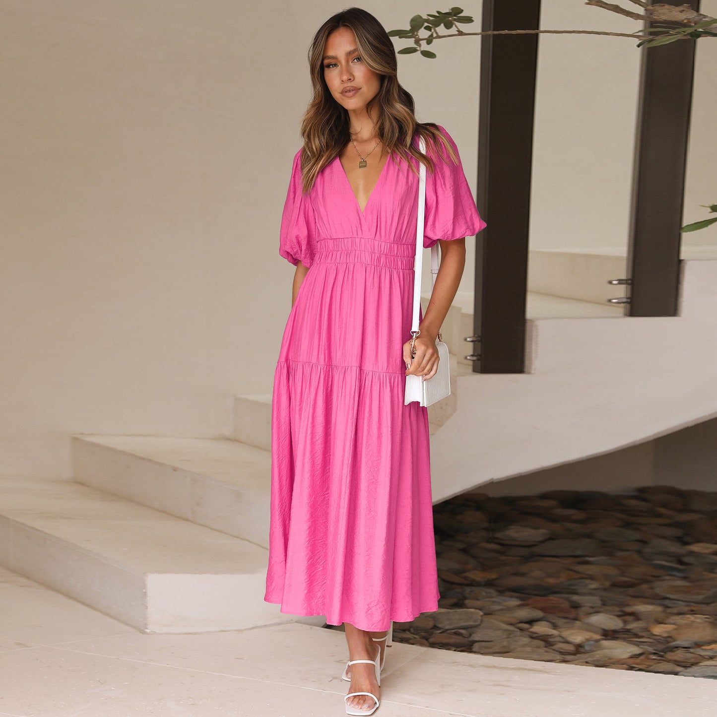 Puffed-sleeve cinched waist dress