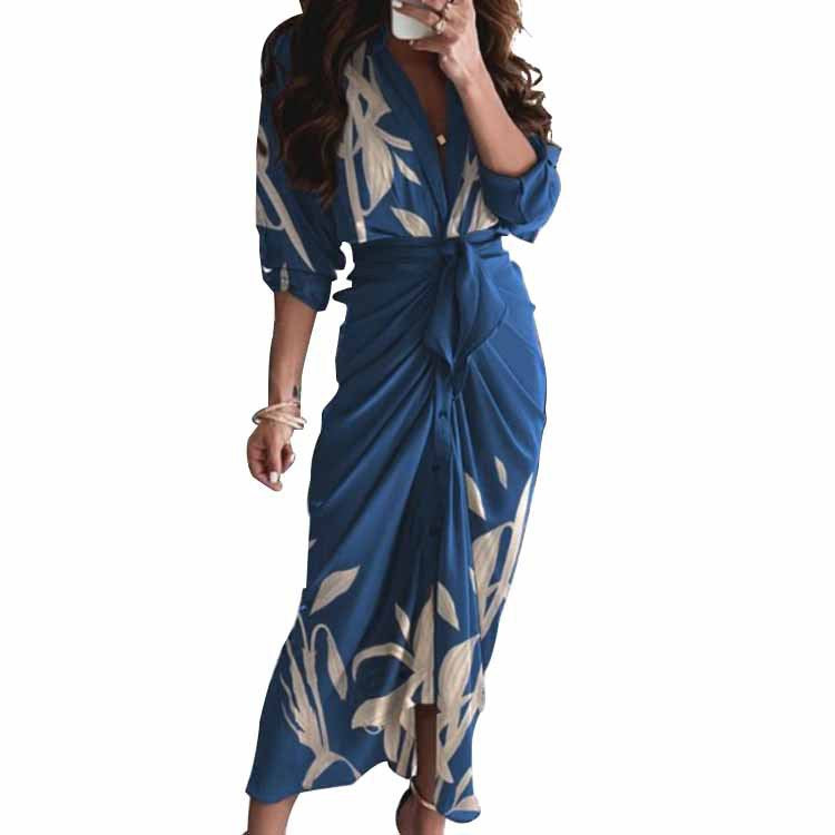 Women's Elegant Pleated V-Neck Long Sleeve Winter Dress
