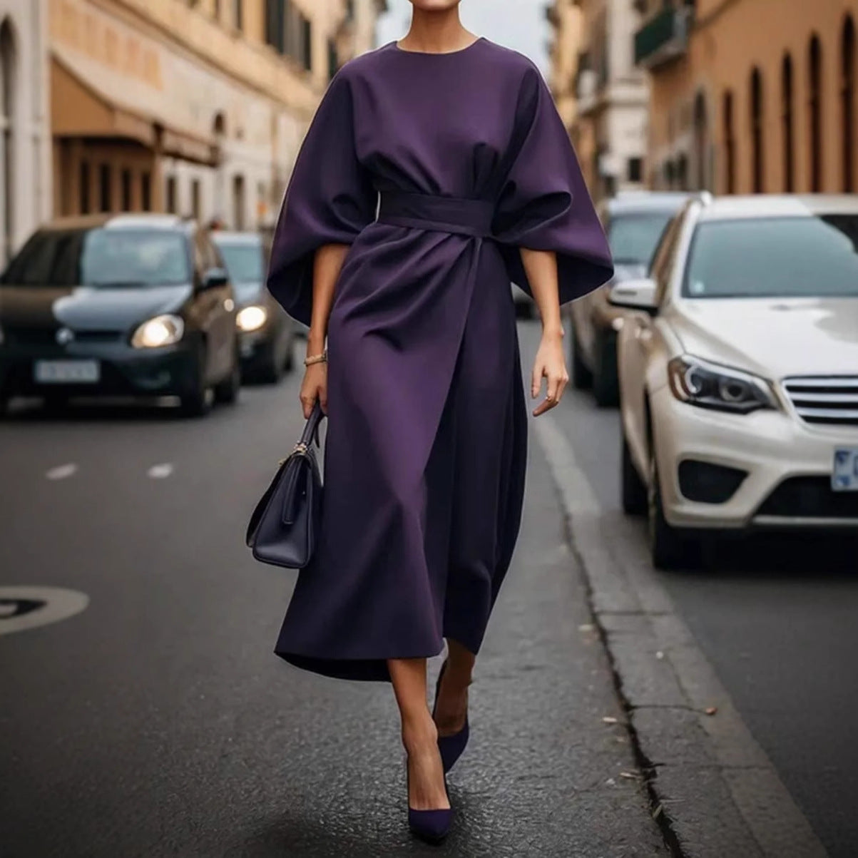 Solid-color cinched waist bat-sleeve long dress