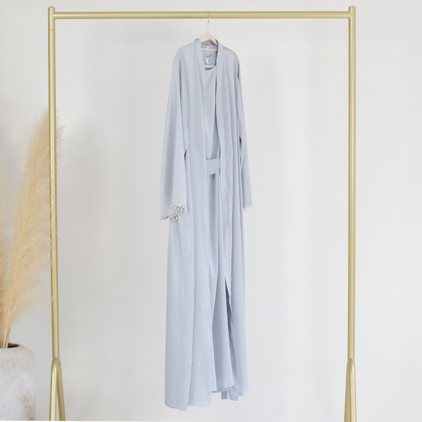 525 Satin Beaded Open Abaya Kaftan