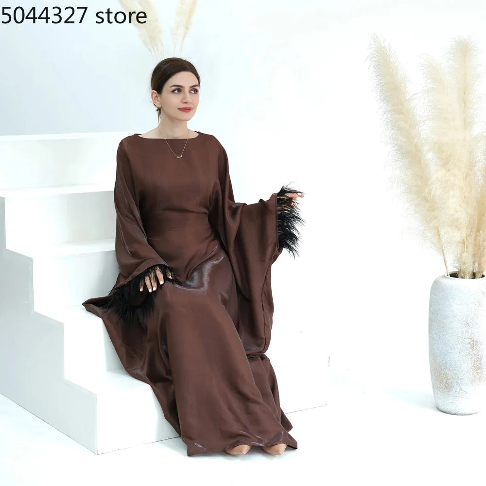 Closed Abaya Sleeves With Feather for Muslim Women, Luxury Abayas Dress