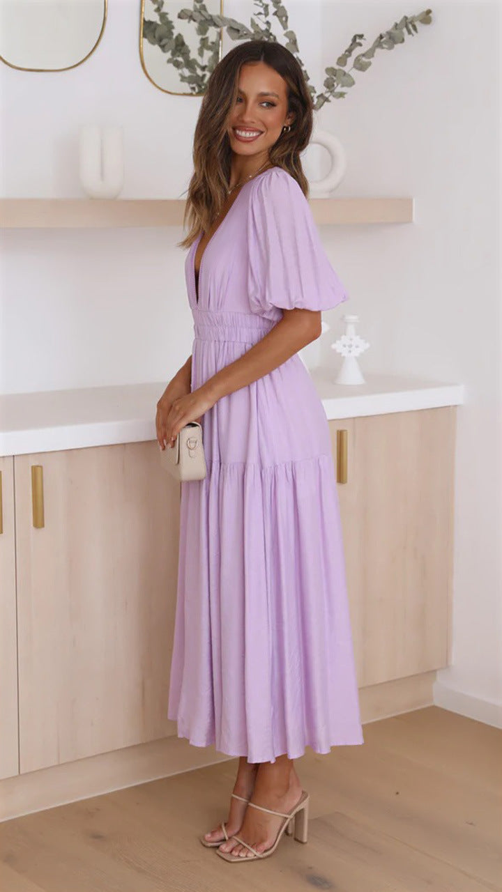 Puffed-sleeve cinched waist dress