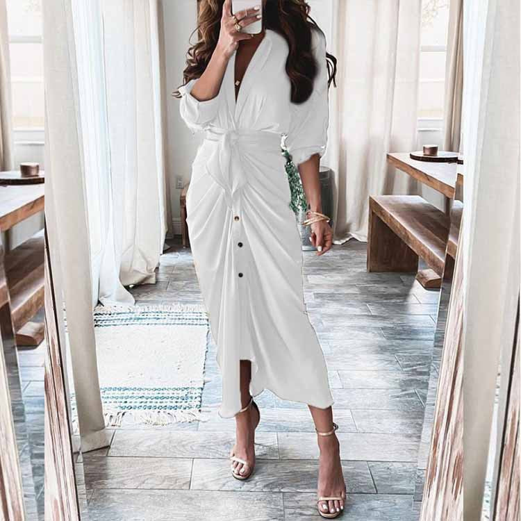 Women's Elegant Pleated V-Neck Long Sleeve Winter Dress