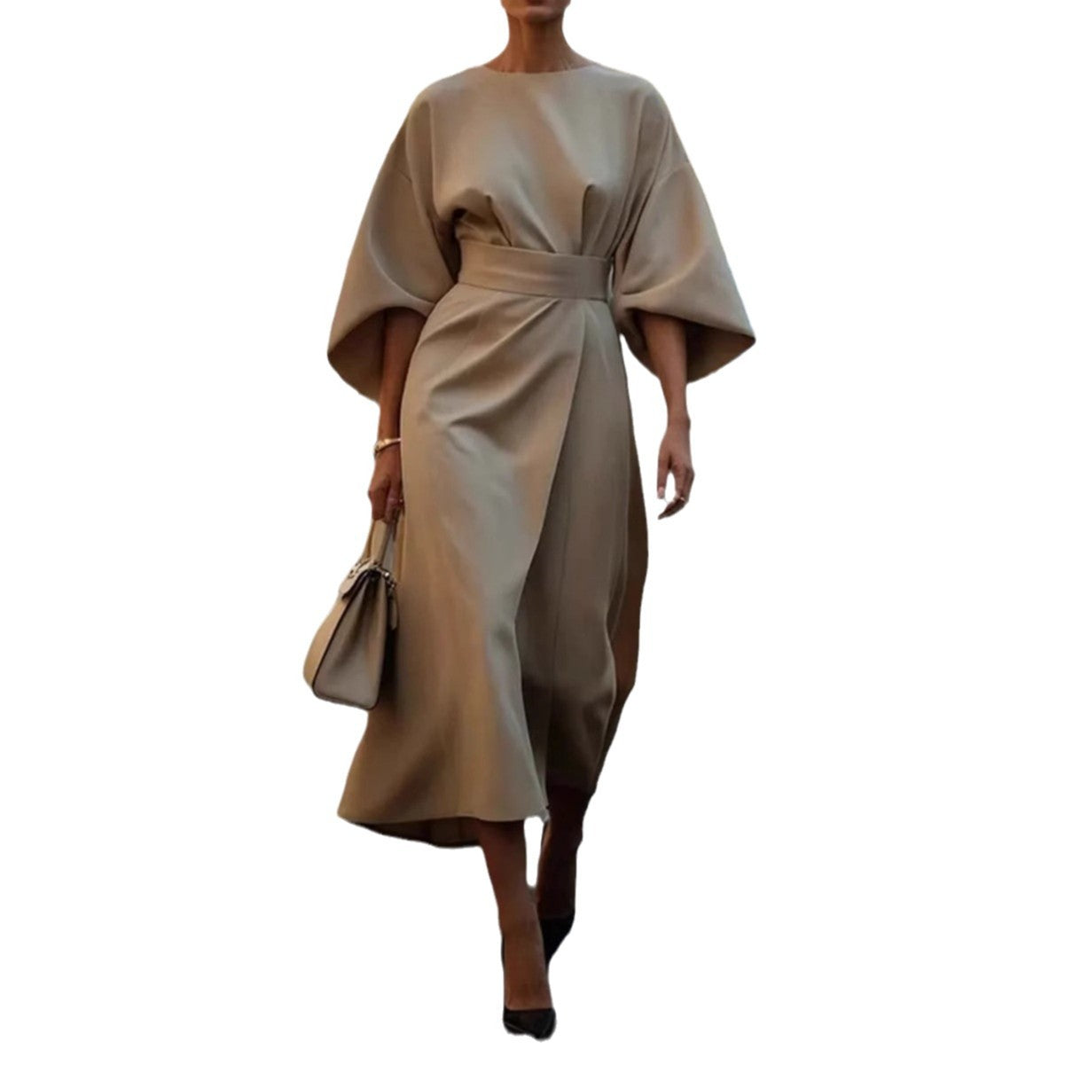 Solid-color cinched waist bat-sleeve long dress