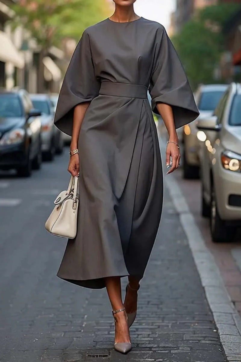 Solid-color cinched waist bat-sleeve long dress