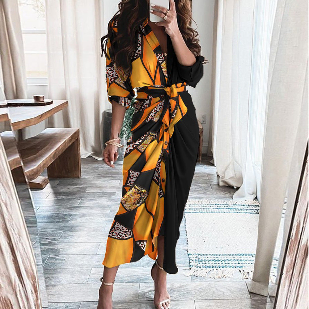 Women's Elegant Pleated V-Neck Long Sleeve Winter Dress