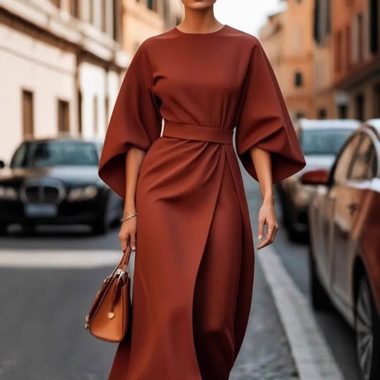 Solid-color cinched waist bat-sleeve long dress