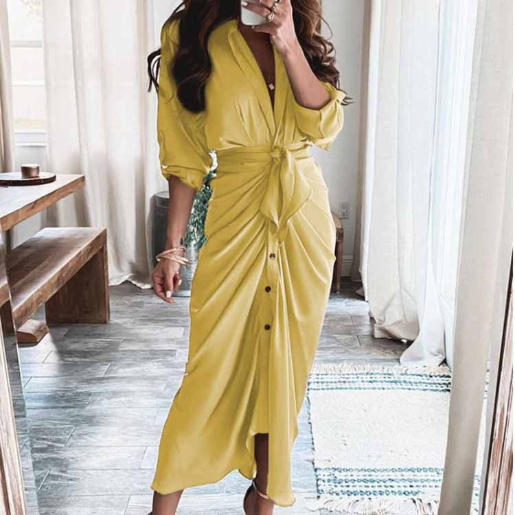 Women's Elegant Pleated V-Neck Long Sleeve Winter Dress