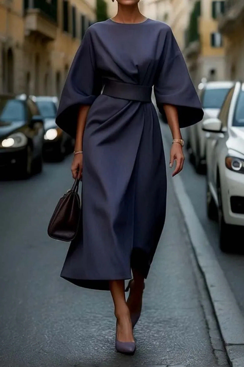 Solid-color cinched waist bat-sleeve long dress