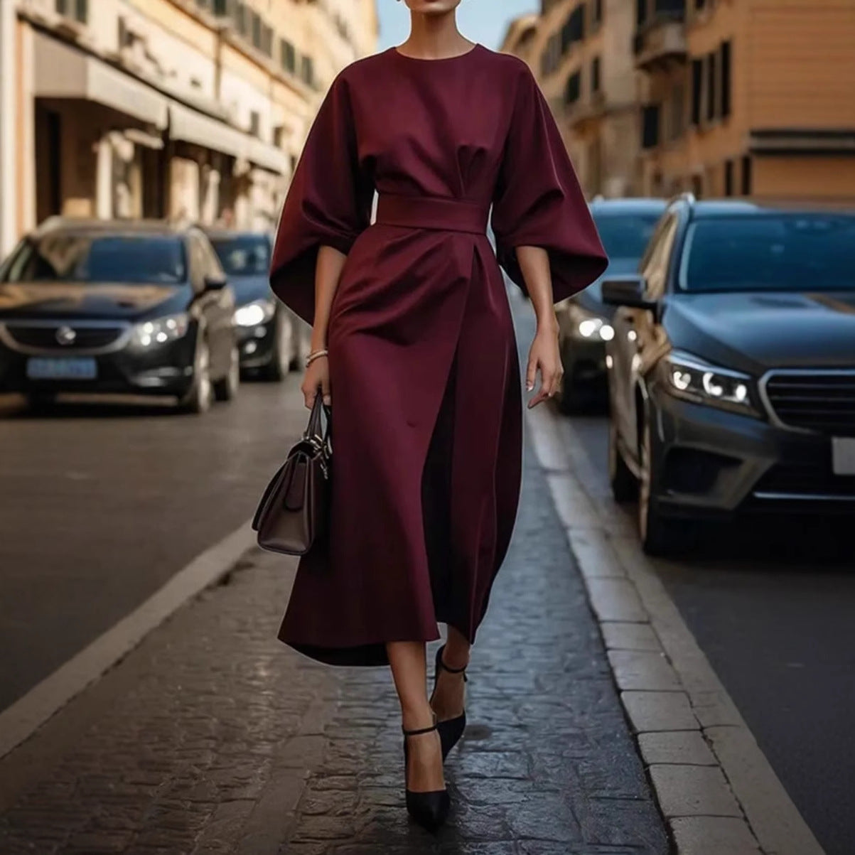 Solid-color cinched waist bat-sleeve long dress