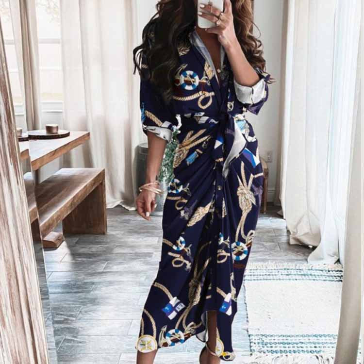 Women's Elegant Pleated V-Neck Long Sleeve Winter Dress