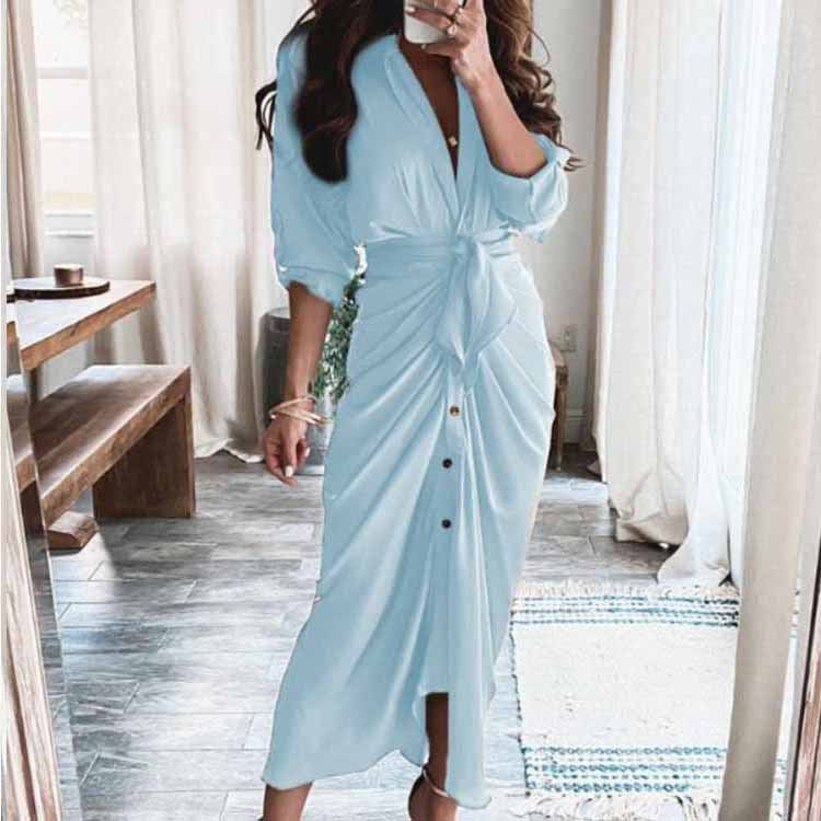 Women's Elegant Pleated V-Neck Long Sleeve Winter Dress