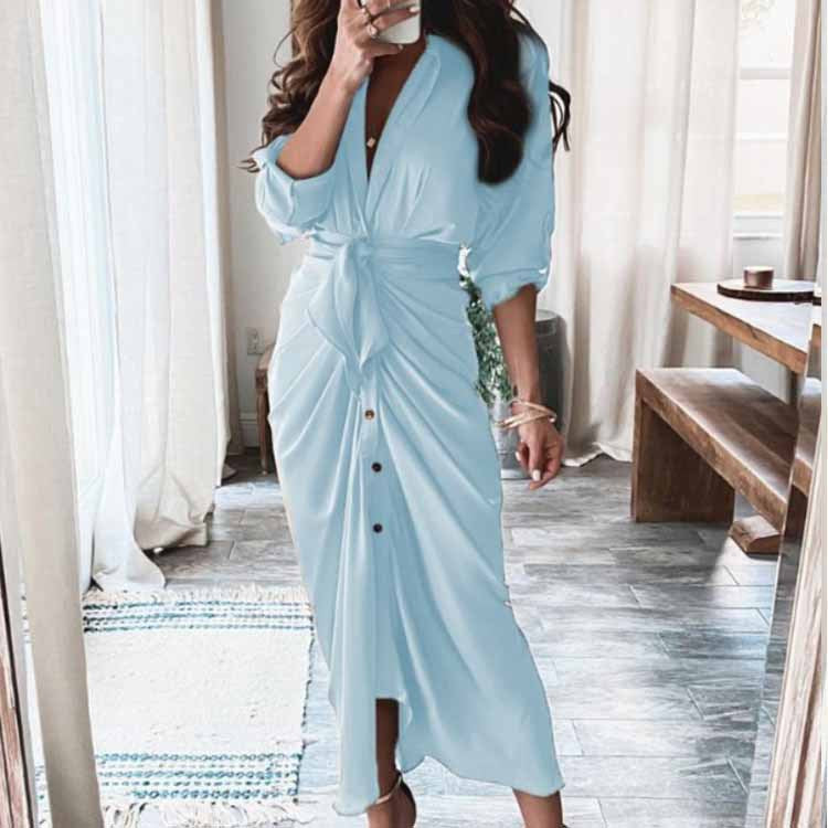 Women's Elegant Pleated V-Neck Long Sleeve Winter Dress