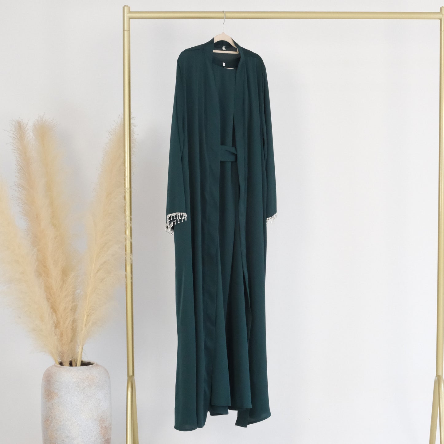 525 Satin Beaded Open Abaya Kaftan