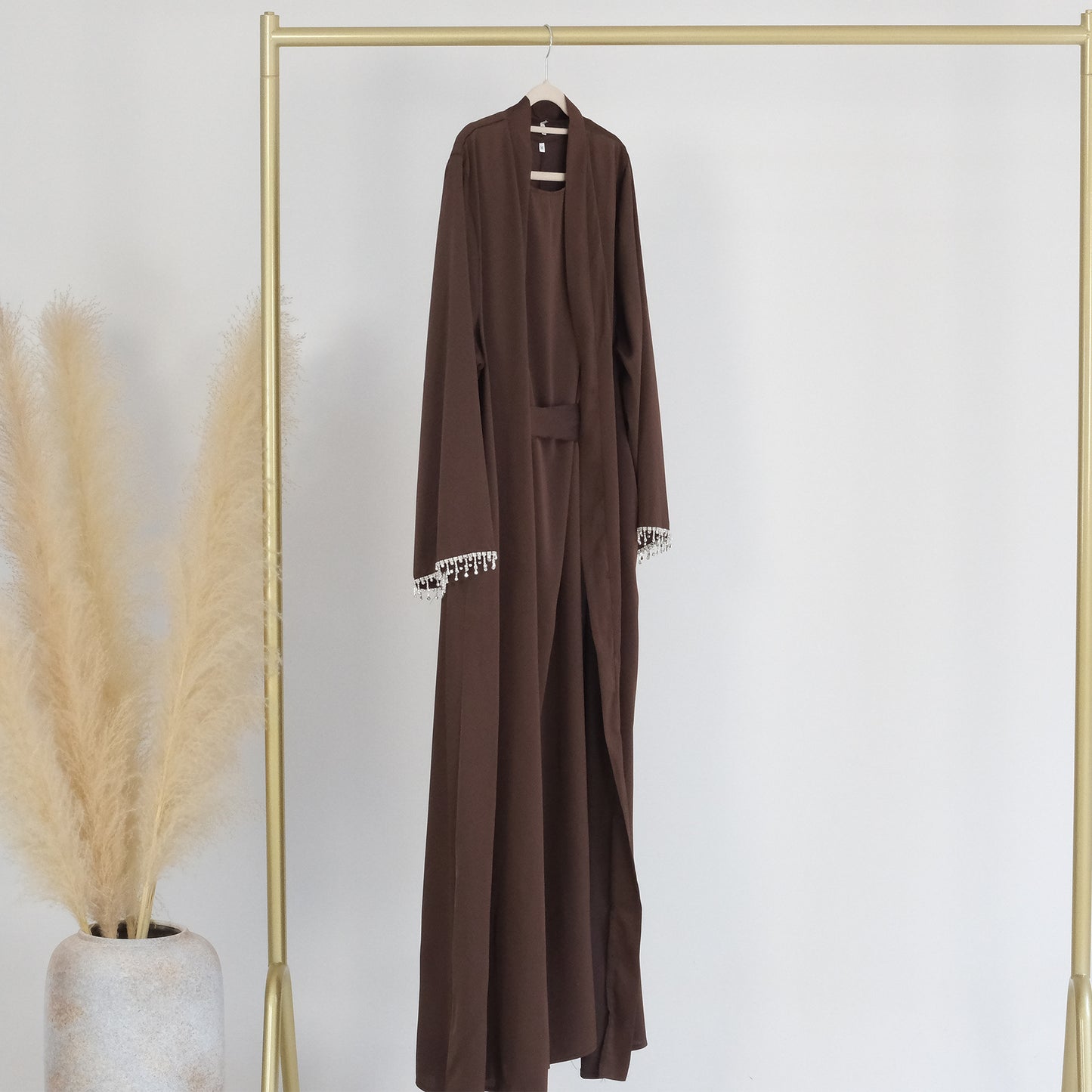 525 Satin Beaded Open Abaya Kaftan