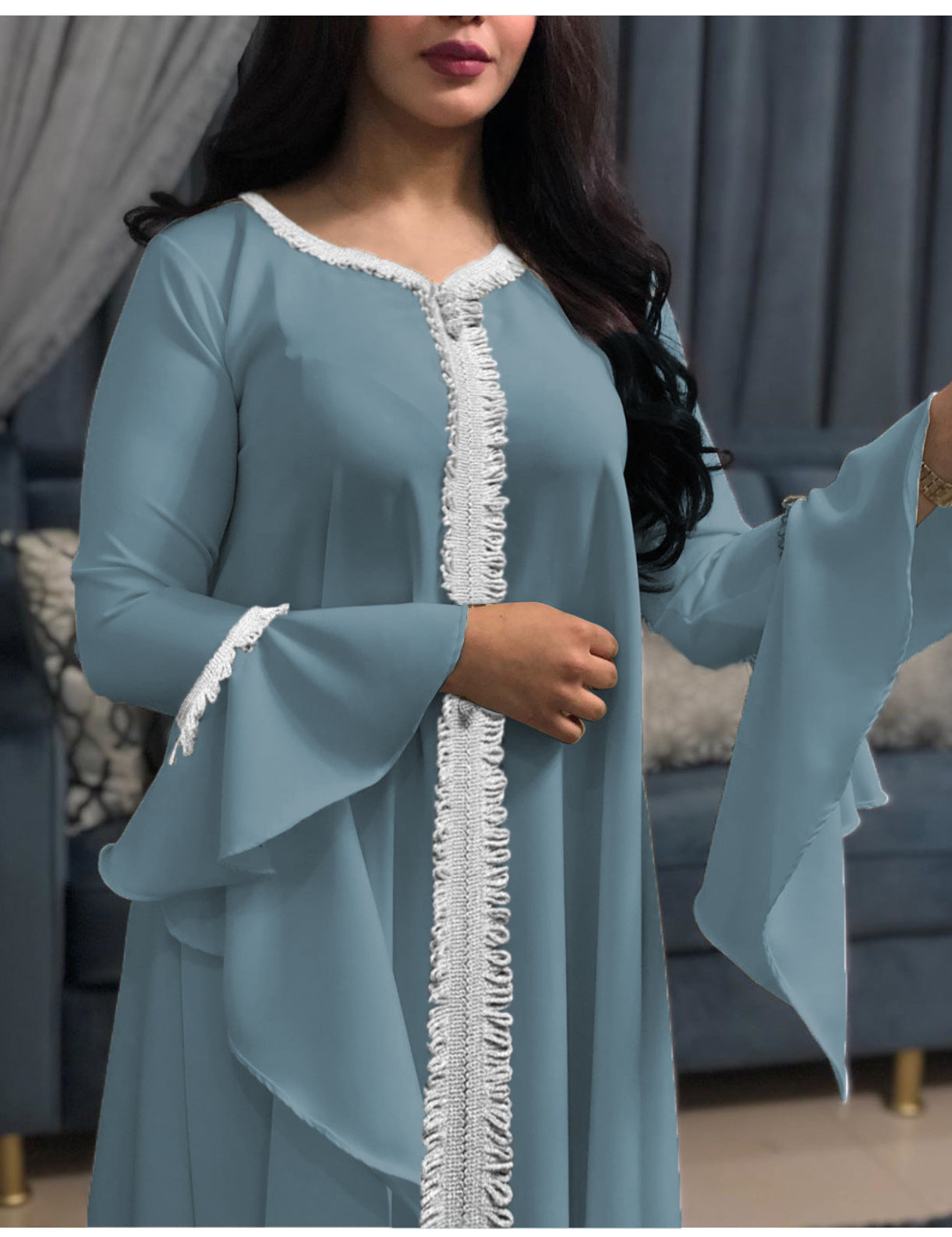 Ruffle sleeve embroided abayah muslim dress