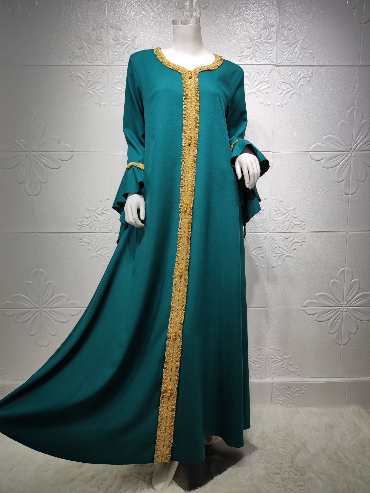 Ruffle sleeve embroided abayah muslim dress