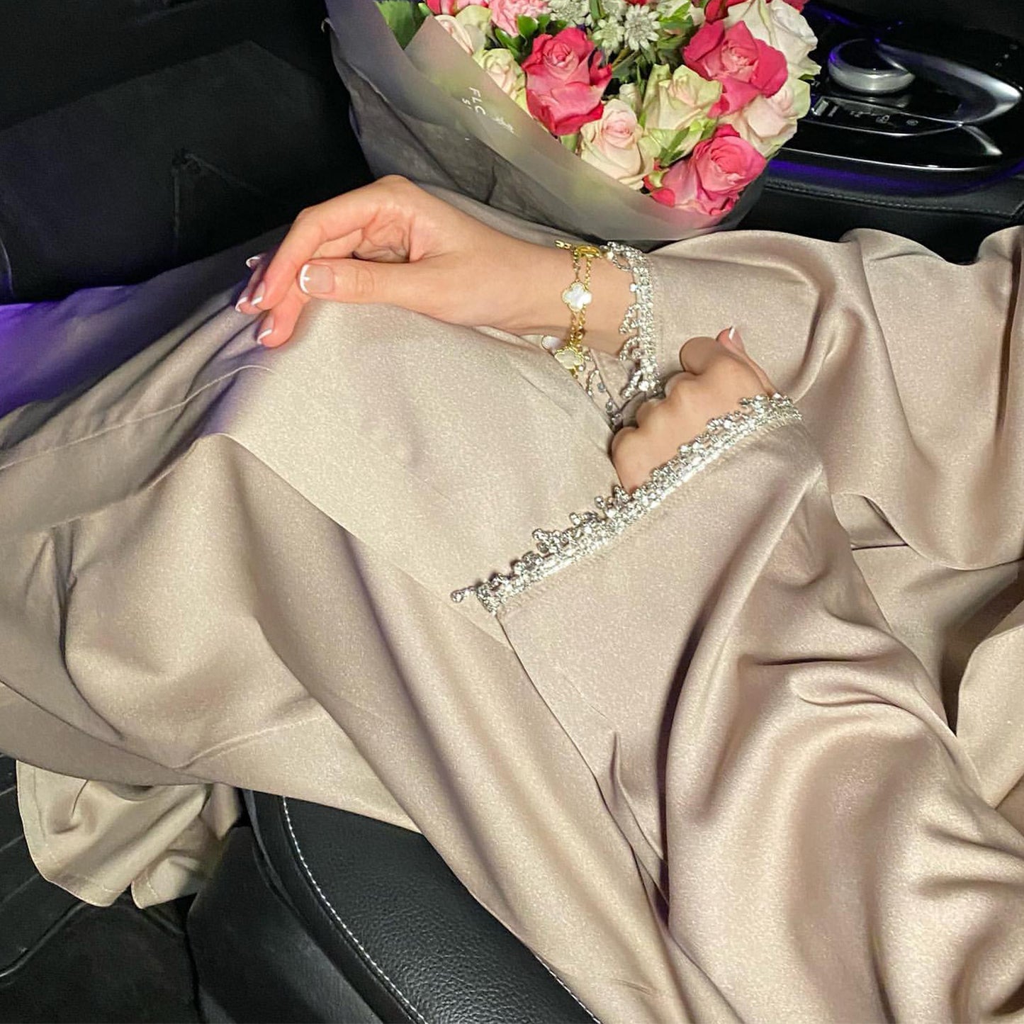 525 Satin Beaded Open Abaya Kaftan