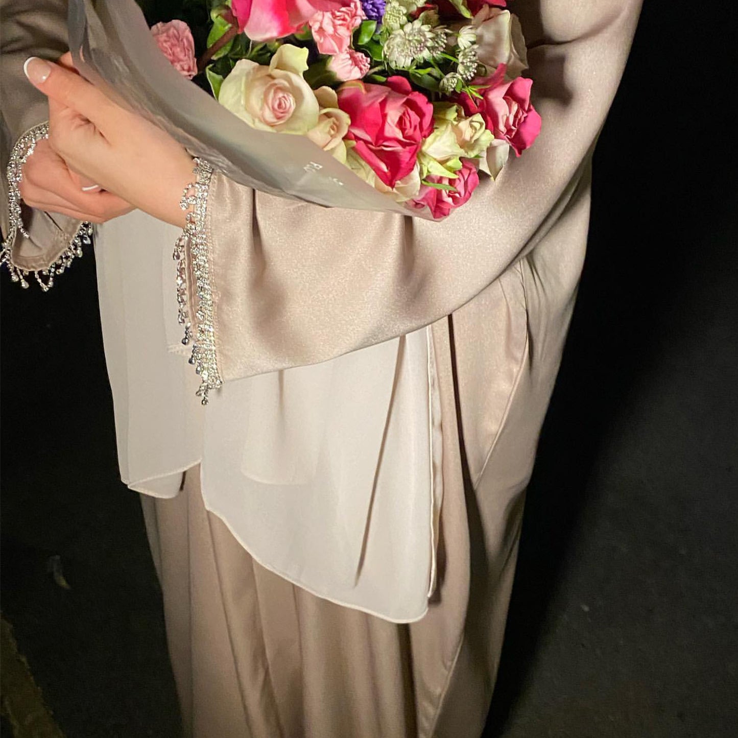525 Satin Beaded Open Abaya Kaftan