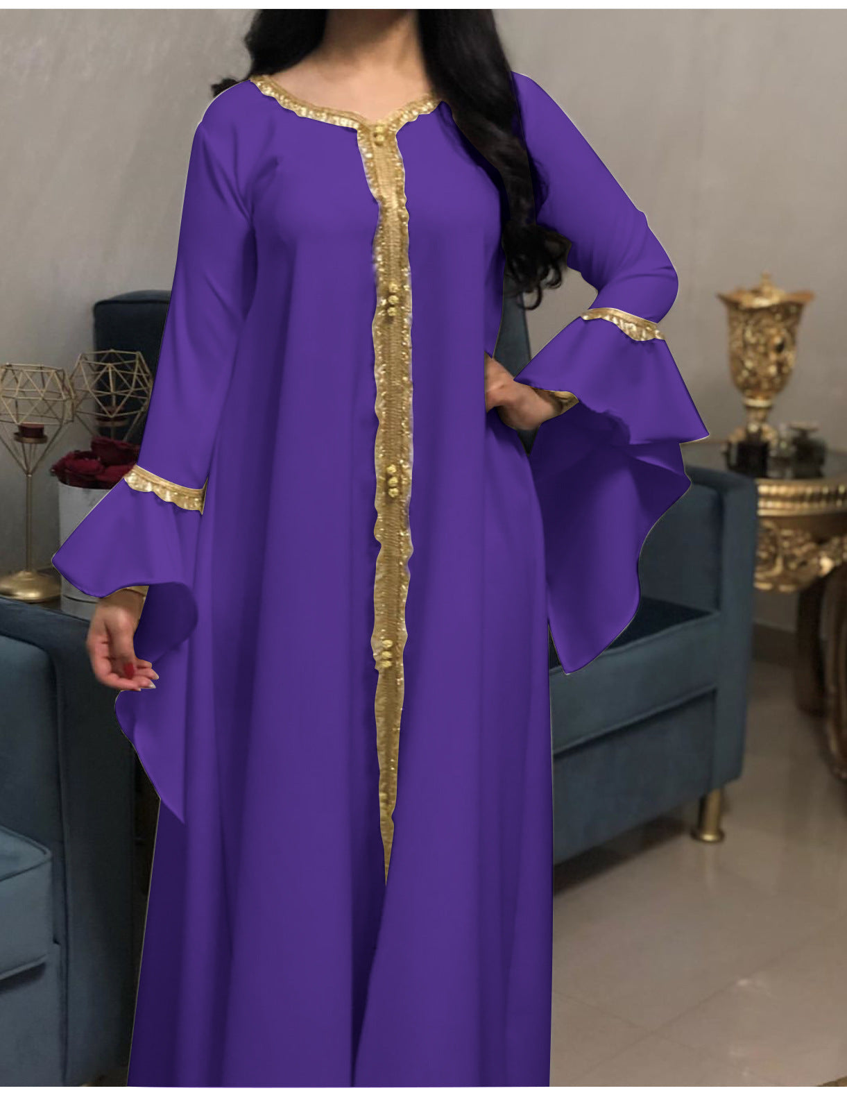 Ruffle sleeve embroided abayah muslim dress