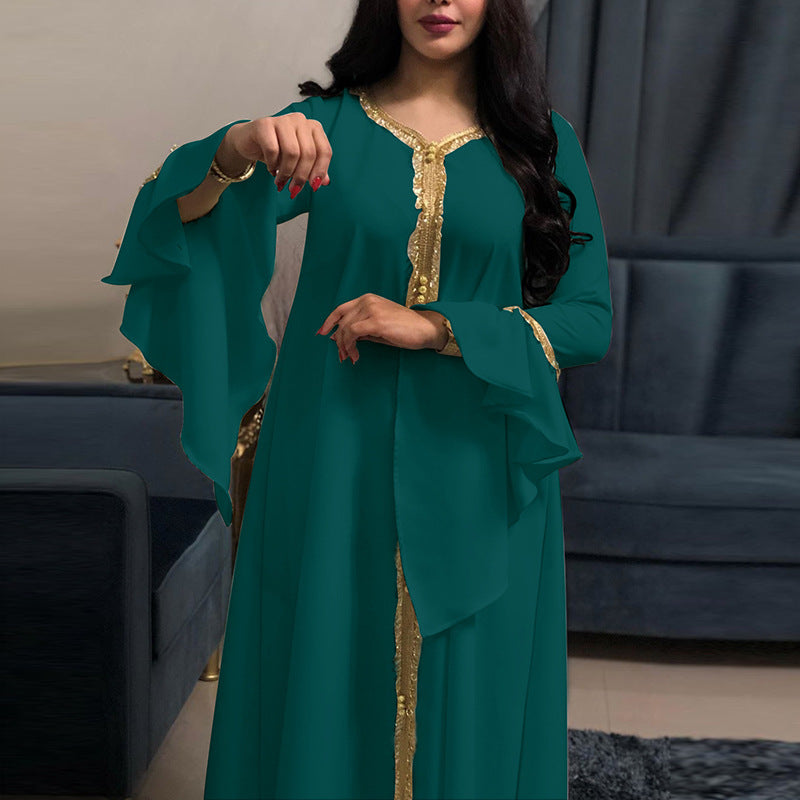 Ruffle sleeve embroided abayah muslim dress