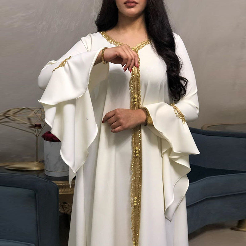 Ruffle sleeve embroided abayah muslim dress