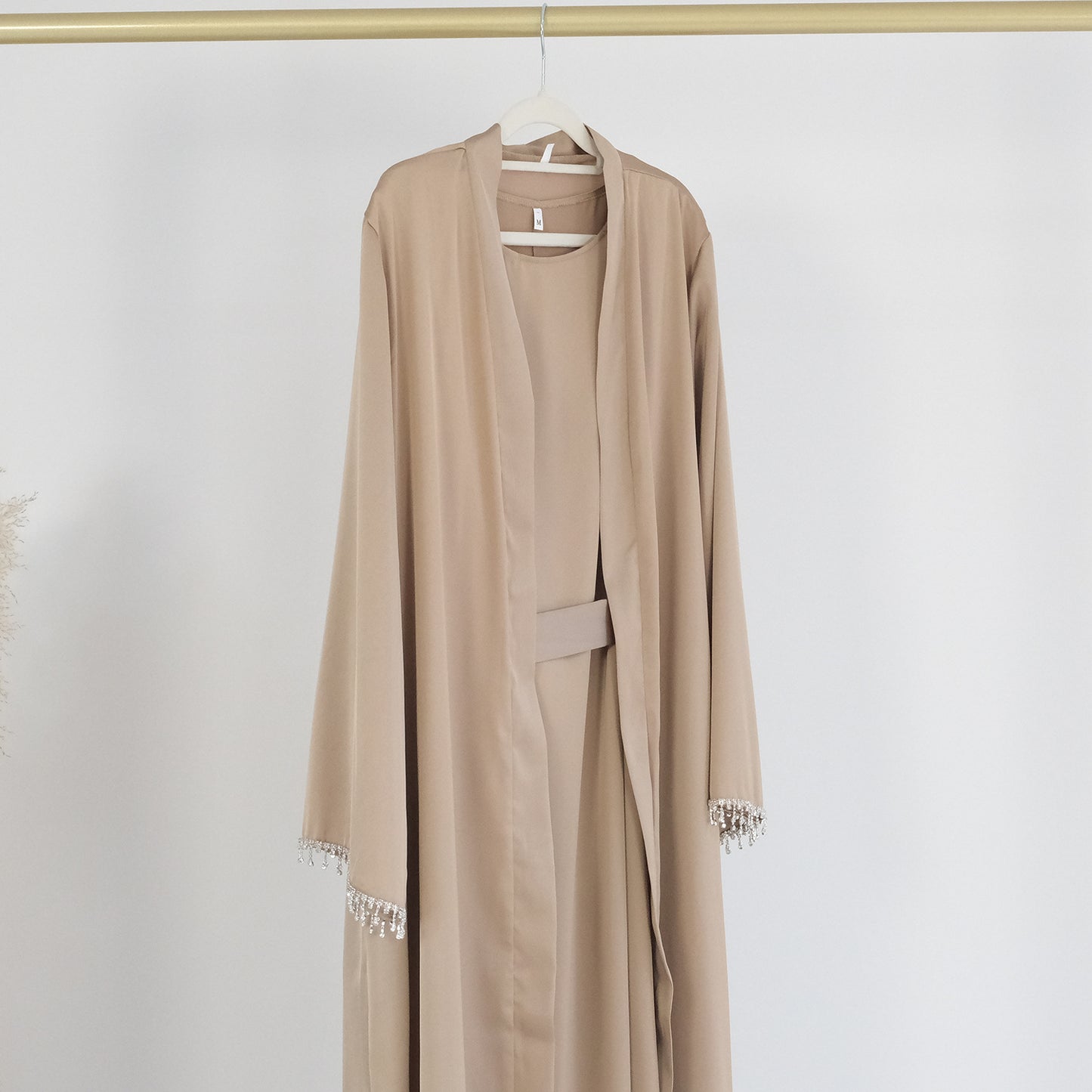525 Satin Beaded Open Abaya Kaftan