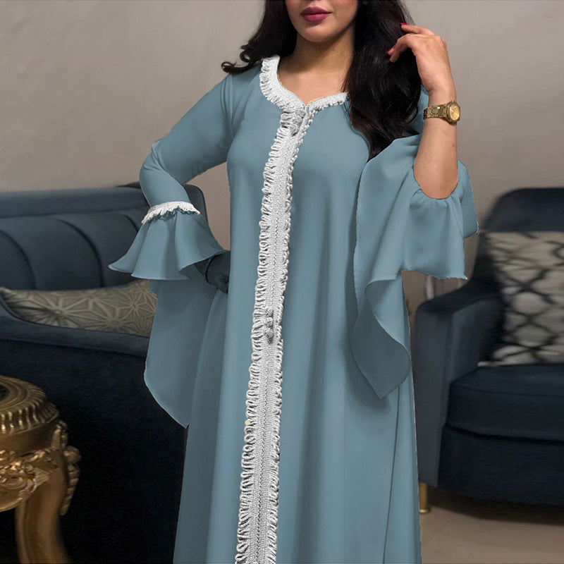 Ruffle sleeve embroided abayah muslim dress