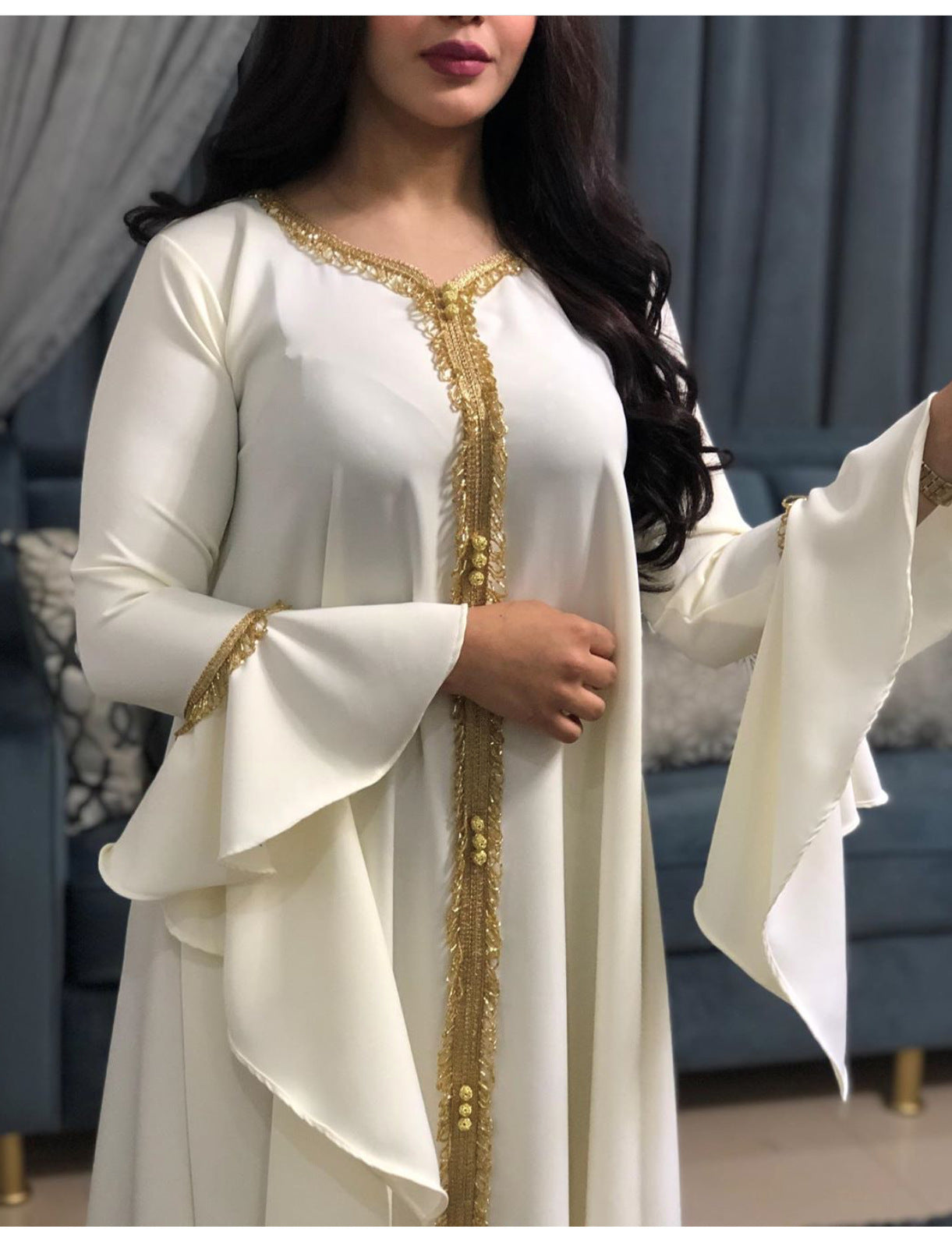 Ruffle sleeve embroided abayah muslim dress