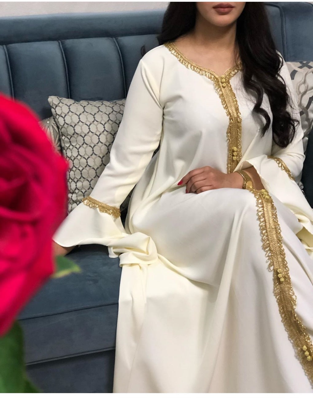 Ruffle sleeve embroided abayah muslim dress