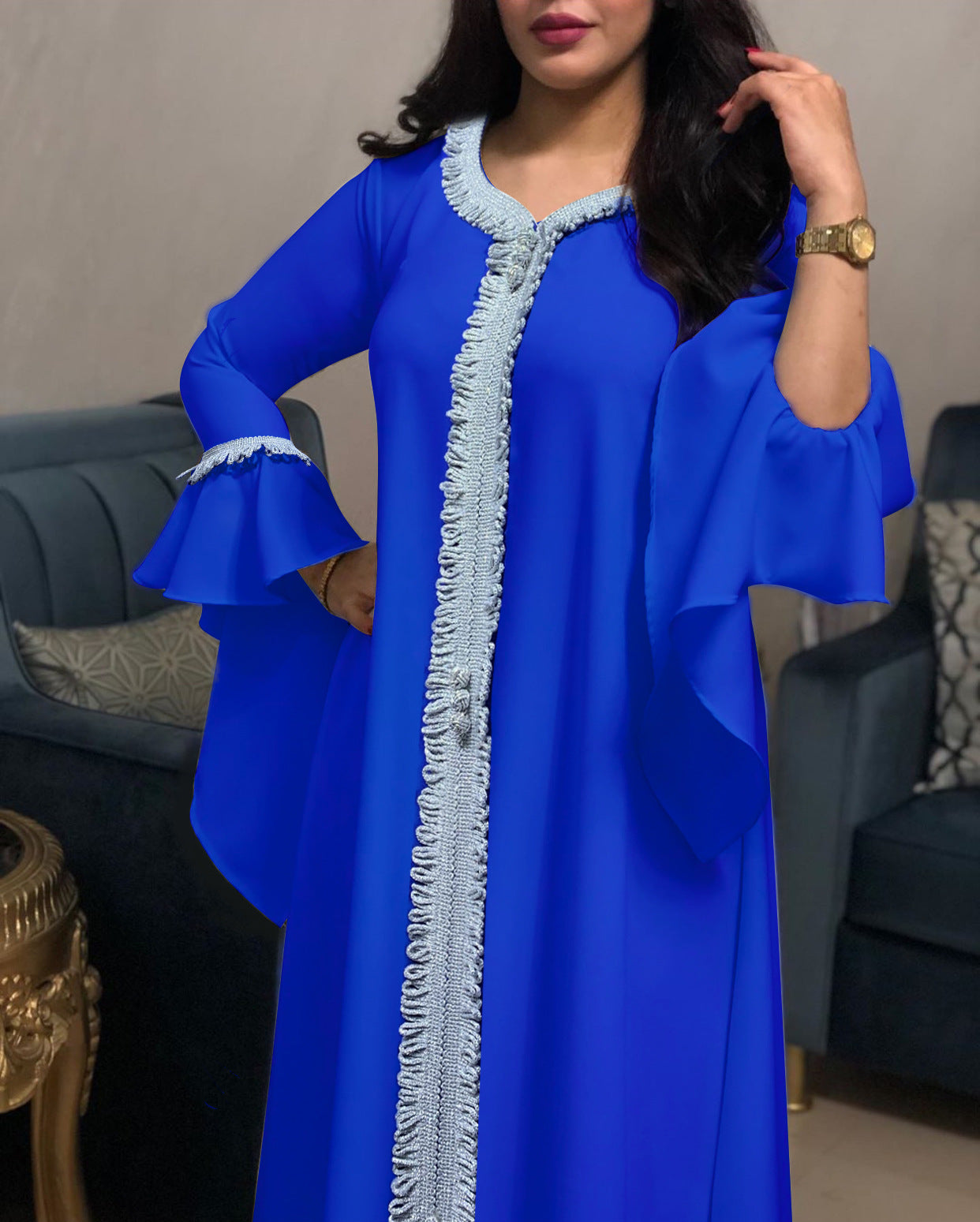 Ruffle sleeve embroided abayah muslim dress