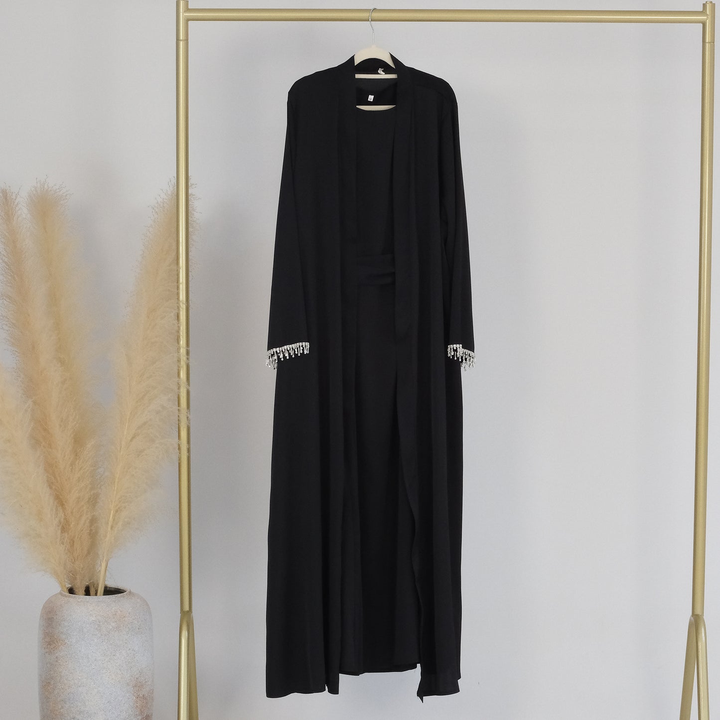 525 Satin Beaded Open Abaya Kaftan