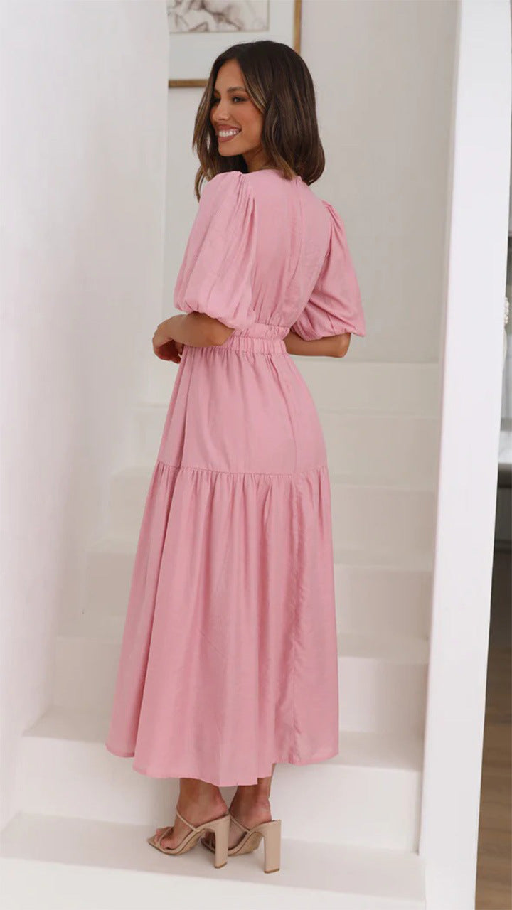 Puffed-sleeve cinched waist dress