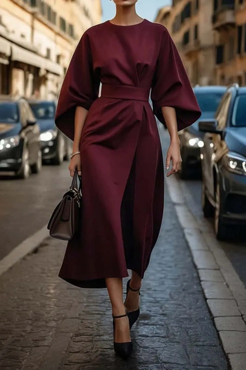 Solid-color cinched waist bat-sleeve long dress