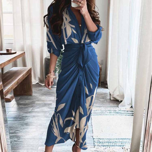 Women's Elegant Pleated V-Neck Long Sleeve Winter Dress