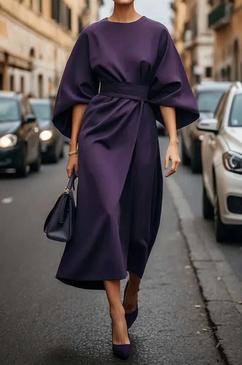 Solid-color cinched waist bat-sleeve long dress