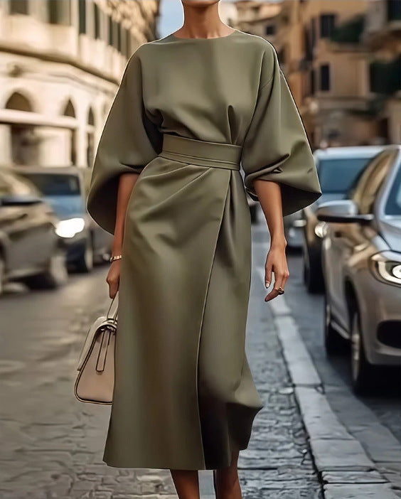 Solid-color cinched waist bat-sleeve long dress